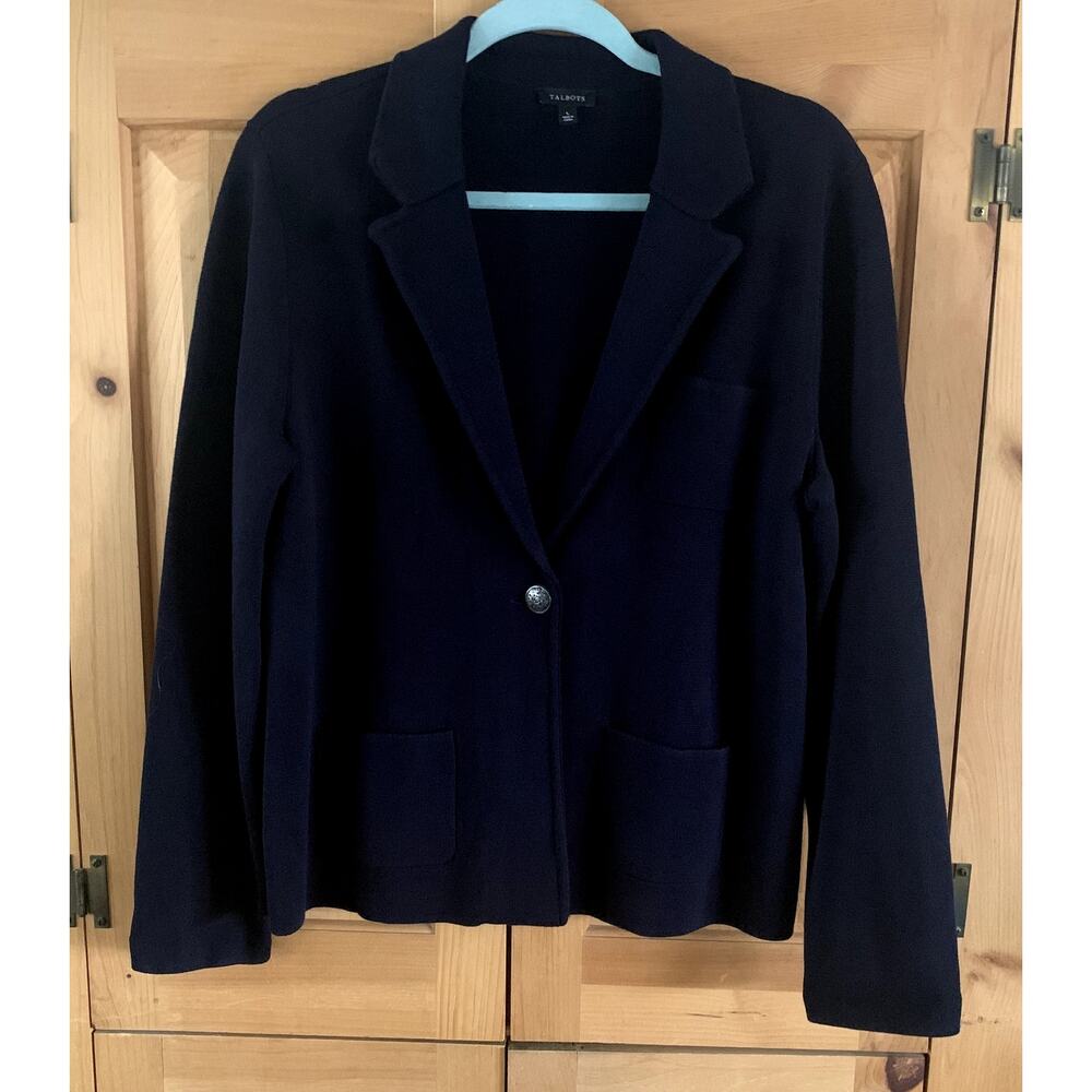 Talbots Navy Knit One Button Cardigan Sweater Blazer Women's Size L NWOT